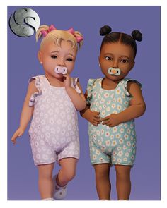 two dolls are standing next to each other in front of a purple background and one is wearing a pink nose ring