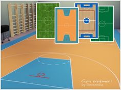 an image of a basketball court in the middle of a room with ladders and benches