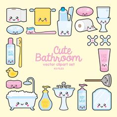 cute bathroom items arranged in a circle on a yellow background with the words cute bathroom