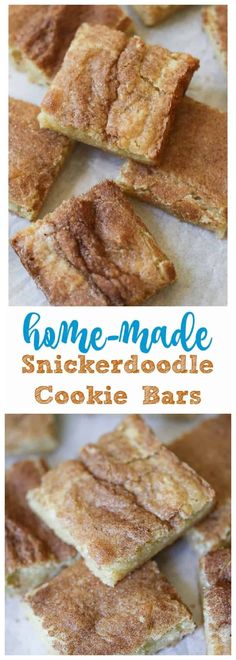 homemade snickkerdoodle cookie bars are stacked on top of each other