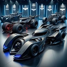 the batmobiles are all different colors and sizes