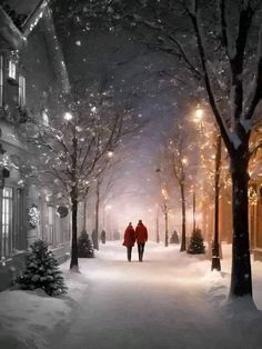 two people walking down a snow covered street in the dark with christmas lights on trees