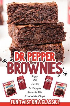 chocolate brownies are stacked on top of each other with the words dr pepper brownies