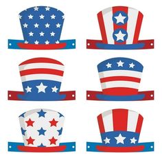 four hats with stars and stripes in the colors of the american flag on white background