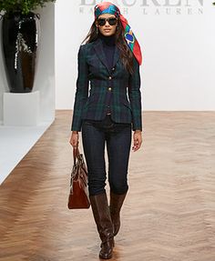 Lauren Ralph Lauren Tartan-Plaid Jacket, Straight-Leg Jeans, Pull-On Riding Boots, Tote Handbag & Gold-Tone Hoop Earrings Riding Boot Outfits, Preppy Fall Fashion, Stylish Winter Outfits, Business Outfit, Plaid Jacket, Tote Handbag, Wool Skirts, Fall 2018, Business Outfits