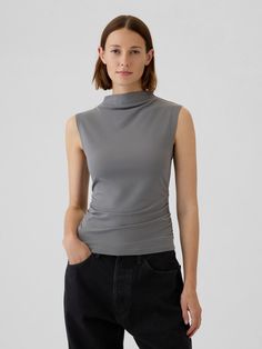 Soft, stretch cotton-modal blend tank top.  Funnel neck.  Sleeveless.  Ruching at sides.  * Fit: Slightly fitted.  Sits close to the body.  Hits at the hip.  Models wearing Gap Funnel Neck Top, Gap Shirt Women, Sleeveless Top Outfit, Work Staples, Business Fits, Internship Outfit, Uni Fits, Ruched Tank Top, Business Casual Top