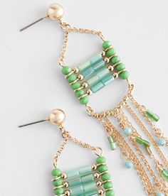 "BKE Chain Fringe Earring - Gold/Green , Women's Goldgreenblue Beaded stud earring Length measures 3 3/4". Apparel & Accessories" Green Beaded Metal Earrings, Green Dangle Earrings With Beaded Chain, Green Beaded Chain Drop Earrings, Green Metal Beaded Drop Earrings, Green Dangle Tassel Earrings With Fringe, Green Handwoven Beaded Dangle Earrings, Green Fringe Dangle Jewelry, Unique Green Beaded Nickel-free Earrings, Chain Fringe