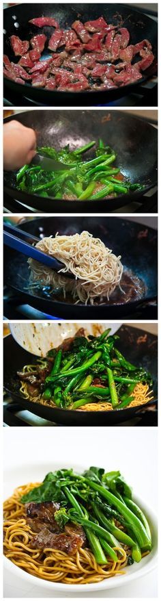 three different pictures showing the process of cooking food in wok pans with broccoli and noodles