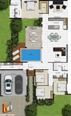 an aerial view of a house with two cars parked in the driveway and a swimming pool