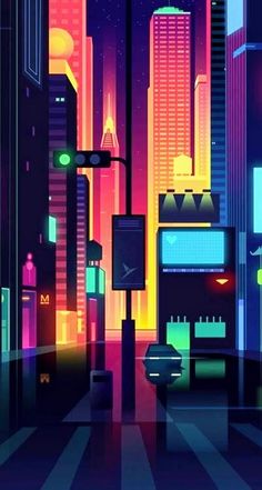 an illustration of a city at night with neon lights and tall buildings in the background