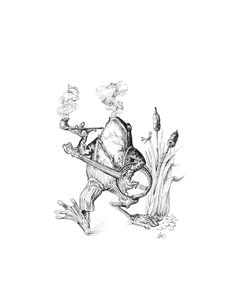 a black and white drawing of a frog playing the guitar