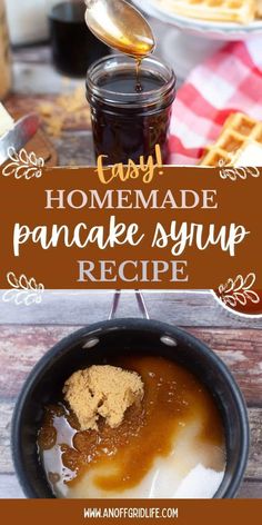 homemade pancake syrup recipe in a skillet on a wooden table with text overlay