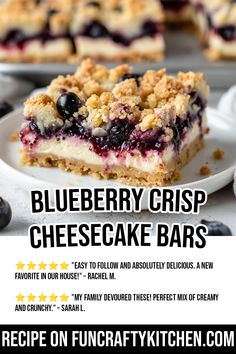 blueberry crisp cheesecake bars on a white plate with text overlay that reads recipe on funcrafty kitchen