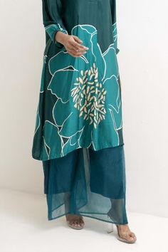 Sea green kurta with placed floral print on a flowy silhouette. Comes with sheer panel layered pant. - Aza Fashions Green Silk Sets For Spring, Green V-neck Sets With Printed Motifs, Green Silk Kurta For Summer, Green Kurta With Printed Motifs For Spring, Green Printed Kurta For Spring, Spring Green Kurta With Printed Motifs, Green V-neck Spring Sets, Spring Green V-neck Sets, Summer Silk V-neck Kurta