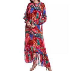 New Without Tags Missing Belt Womens Size Small Spring Red Maxi Dress With Vibrant Print, Vibrant Red Floral Print Maxi Dress, Red Maxi Dress With Vibrant Print For Spring, Vibrant Red Maxi Dress With Floral Print, Red Long Sleeve Maxi Dress With Vibrant Print, Animal Collage, Valentino Designer, Dress Lining, Versace Accessories