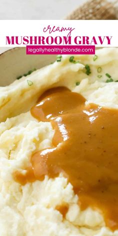 mashed potatoes with gravy in a white bowl