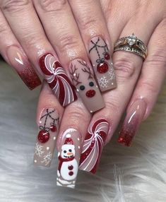 Christmas Art Nails, Cartoon Christmas Nails, Red Christmas Nails, Christmas Nail Art Designs, Christmas Nails Acrylic, Nail Art Kit, Uñas Acrilicas