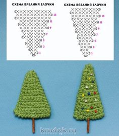 two crocheted christmas trees are shown next to each other