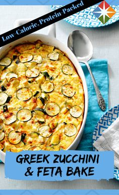 a casserole dish with zucchini and feta bake in it