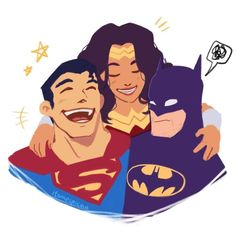 two people hugging each other with batman and wonder woman in the back ground behind them