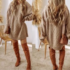 If You Want A Comfy, Cozy Sweater Dress This Is Perfect For The Fall And Winter. It Is Durable, Warm And Incredibly Flattering. Fall Boots Knee High, Fall Dresses Casual, Fall Sweater Dresses, Sweater Dress Outfit Fall, Sweater Dress With Boots, Winter Dresses For Women, Cozy Sweater Dress, Fall Sweater Dress, Loose Fit Sweater