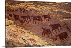 rock art depicting horses and other animals on the side of a cliff