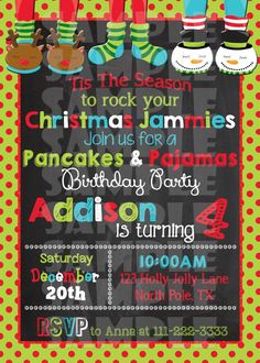 a christmas party poster with stockings and socks on it