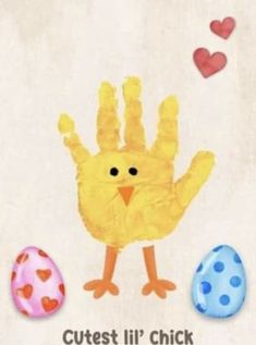 a child's hand and two eggs with the words cutest lil chick on it