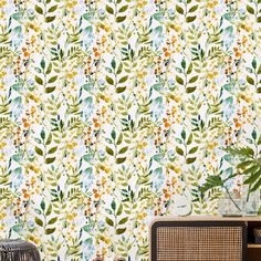 wallpaper with colorful flowers and leaves on it