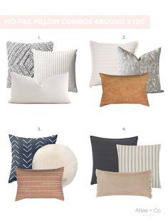 pillows with different colors and patterns on them, including the text no - fail pillow combos around $ 100