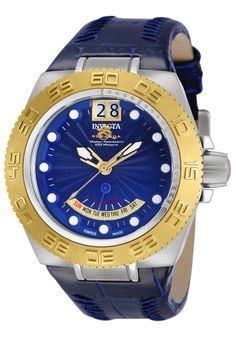 This impressive Invicta Subaqua watch features a precise Quartz movement as well as a gold, steel case. Its blue, metal dial is enclosed by a highly protective Flame Fusion Crystal. This watch is finished by a strong blue, leather band, and it offers 100 m water resistance. Invicta Watches, Blue Band, Men's Watches, Multiple Color, Leather Band, Diver, Blue Leather, Quartz Movement, Gold Bands