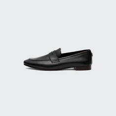 Bougeotte calf leather loafers. 0.5" flat stacked heel. Round toe. Keeper strap at notched vamp. Slip-on style. Leather lining. Made in Italy. Timeless Business Loafers With Brogue Detailing, Timeless Brogue Loafers For Business, Modern Calf Leather Loafers For Business, Semi-formal Loafers With Rubber Sole And Flat Heel, Modern Calf Leather Moccasins For Business, Modern Calf Leather Loafers For Semi-formal Occasions, Timeless Loafers With Leather Sole And Flat Heel, Classic Flats With Leather Sole For Galas, Classic Monk Strap Shoes With Flat Rubber Sole