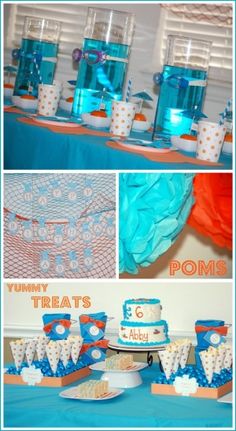 blue and orange birthday party with cake, cupcakes, and dessert table decorations