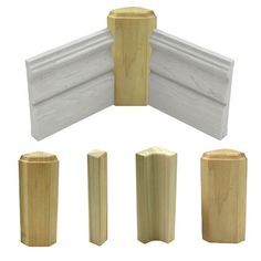 an assortment of wooden posts and post covers on a white background with clippings