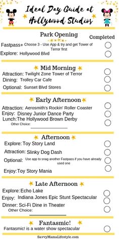 the disney world hollywood hotel checklist is shown in yellow and white, with mickey's ears on it