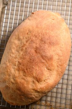 a loaf of bread sitting on top of a cooling rack