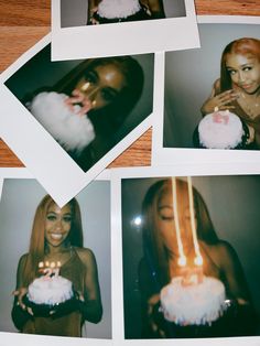 four polaroid photos of a woman blowing out candles on her birthday cake and holding a candle