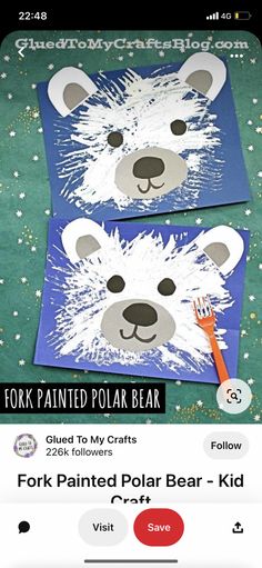 two polar bears made out of paper on a green background with the words folk painted polar bear