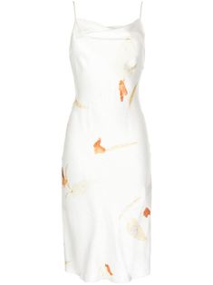 white/orange silk all-over floral print scoop neck adjustable spaghetti straps calf-length straight hem Dressy Summer Dresses, Feng Chen Wang, Floral Silk Dress, Beautiful Wardrobe, Midi Dress White, Wang Dress, Flower Print Dress, Airport Fashion, Beige Dresses