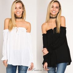 She + Sky Soft Off Shoulder Shirring Blouse - Off White or Black Summer Long Sleeve Tops With Tassel Ties, Casual Long Sleeve Tops With Tassel Ties, Bohemian Long Sleeve Off-shoulder Top, Bohemian Off-shoulder Long Sleeve Top, Long Sleeve Blouse With Tassel Ties For Summer, Billowy Long Sleeve Peasant Top For Brunch, Summer Long Sleeve Peasant Top With Tassel Ties, Long Sleeve Top With Tassel Ties For Spring, Fall Long Sleeve Tops With Tassel Ties