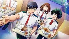 an anime scene with three people holding trays of food and one person pointing at the camera