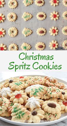 christmas spritz cookies on a white plate