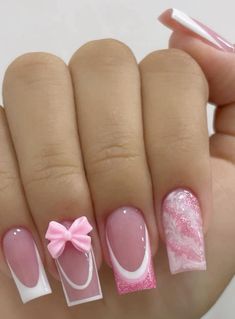 Aesthetic Nails Glitter, Bow Nail Designs, Acrylics Nails, Fancy Nails Designs, Girly Acrylic Nails, Short Square Acrylic Nails, Acrylic Nails Coffin Short