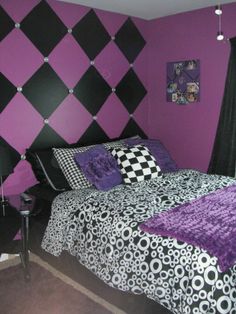 a purple and black bedroom with checkerboard wallpaper on the headboard, bedding, and curtains