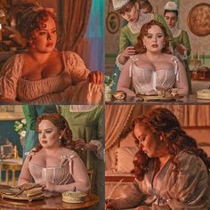 four different pictures of women in period dresses eating at a table and talking to each other