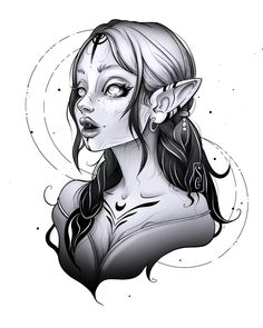 girl elf, line art work for tattoo design Art Work Tattoo, Demon Geisha, Line Art Work, Elf Tattoo, Digital Art Tutorial Beginner, Work Tattoo, Design Black And White, Elf Girl, Fantasy Tattoos