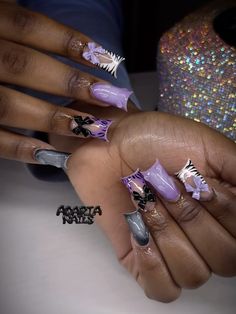 Purple Birthday Nails Coffin, Medium Nails Purple, Purple And Grey Nail Ideas, Black N Purple Nails, Purple Nails For Birthday, Prom Nails Purple Dark, Purple Theme Nails, Purple Cheetah Print Nails, Nail Ideas Acrylic Purple