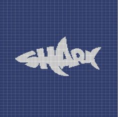 a cross stitch pattern with the word shark written in white on a dark blue background