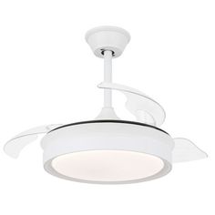 a white ceiling fan with a light on the top and blades in the middle of it