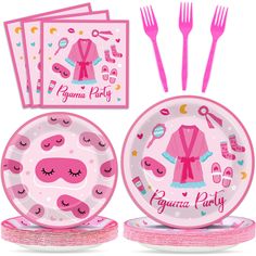 pink baby shower party supplies including paper plates, napkins and utensils for girls